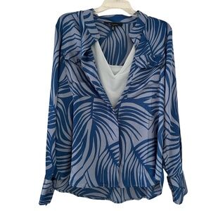 WHBM Blue Palm Print Blouse + Soft V Neck Tank NWOT Set Size L